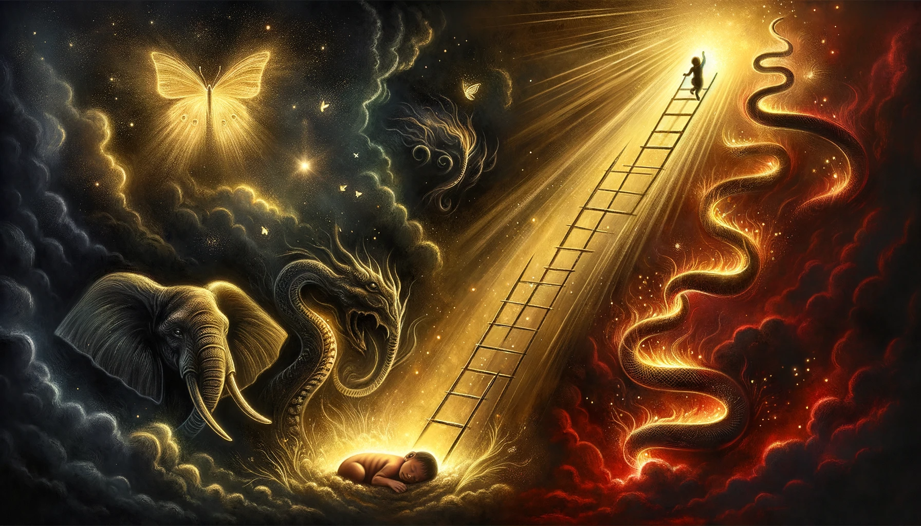 DALL·E 2023 10 26 18.02.10 Illustration awash with a palette of dark transitioning to fiery red and radiant gold capturing a dreamlike scene of lifes wonders. A ladder craft