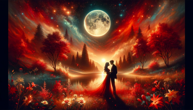 DALL·E 2023 12 24 21.11.29 A romantic landscape under a starlit sky with a full moon featuring a couple standing close surrounded by an ambiance of red gold and orange color
